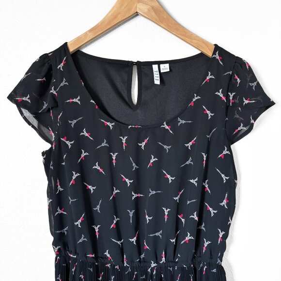 Elle Eiffel Tower Heart Print Black Pleated Mini Dress Womens Small Paris Retro - Picture 3 of 15
